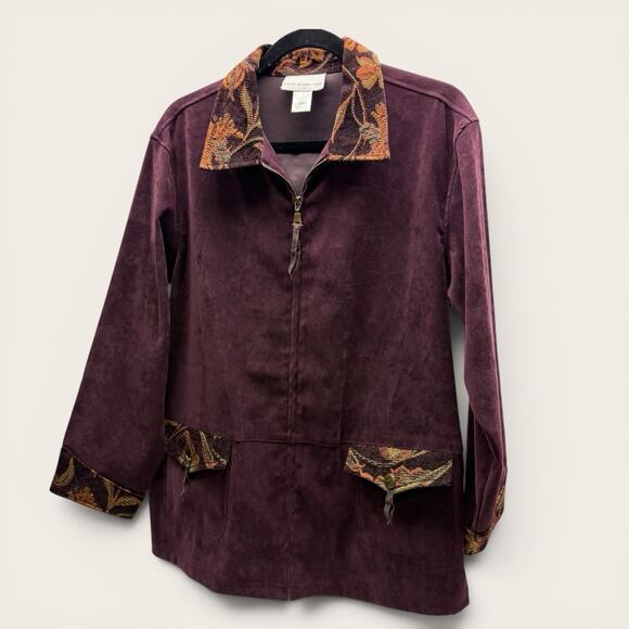 Susan Graver Jackets & Blazers - Susan Graver Jacket Large Purple Faux Suede Zip Front SW Tapestry Trim Stretch L